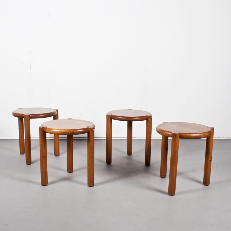 Set of 4 vintage Dutch stools in solid pine