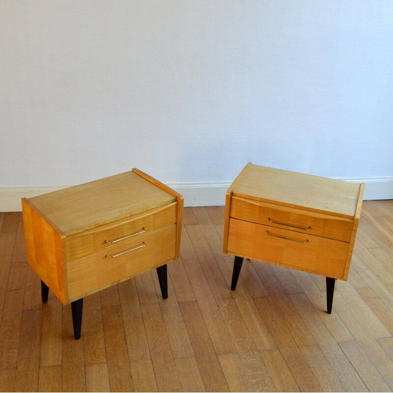 Suite de 2 tables de chevet vintage scandinaves avec tablette coulissante