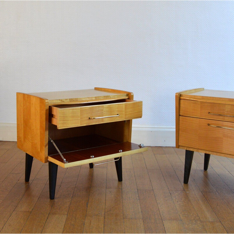 Set of 2 vintage Scandinavian nightstands with sliding shelf