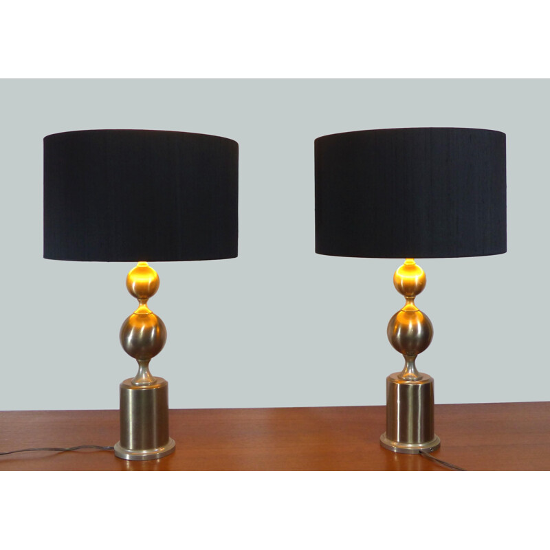 Pair of vintage black space age silver metal lamps 1970