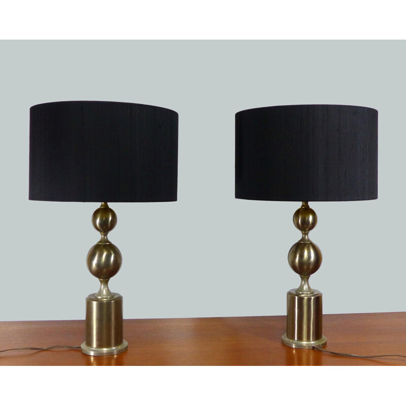 Pair of vintage black space age silver metal lamps 1970