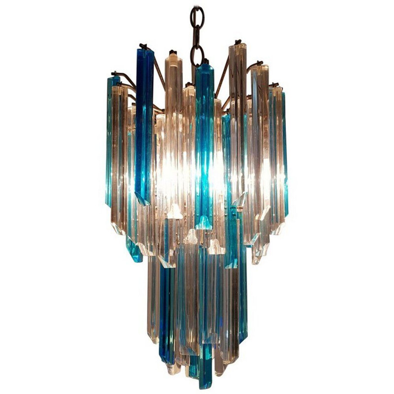 Vintage blue murano chandelier Triedri by Venini Italy