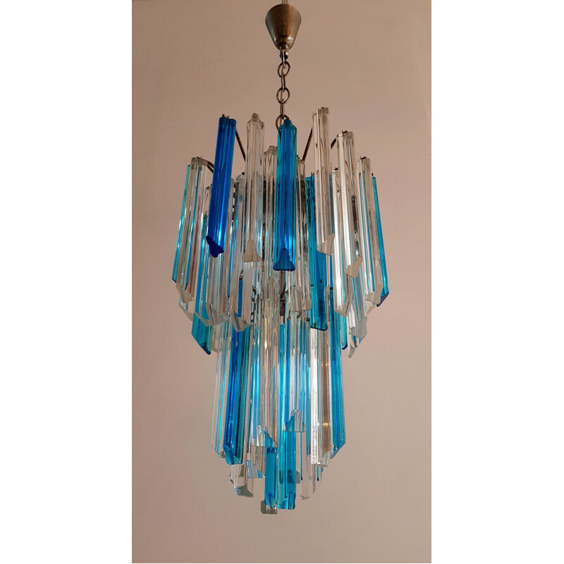 Vintage blue murano chandelier Triedri by Venini Italy