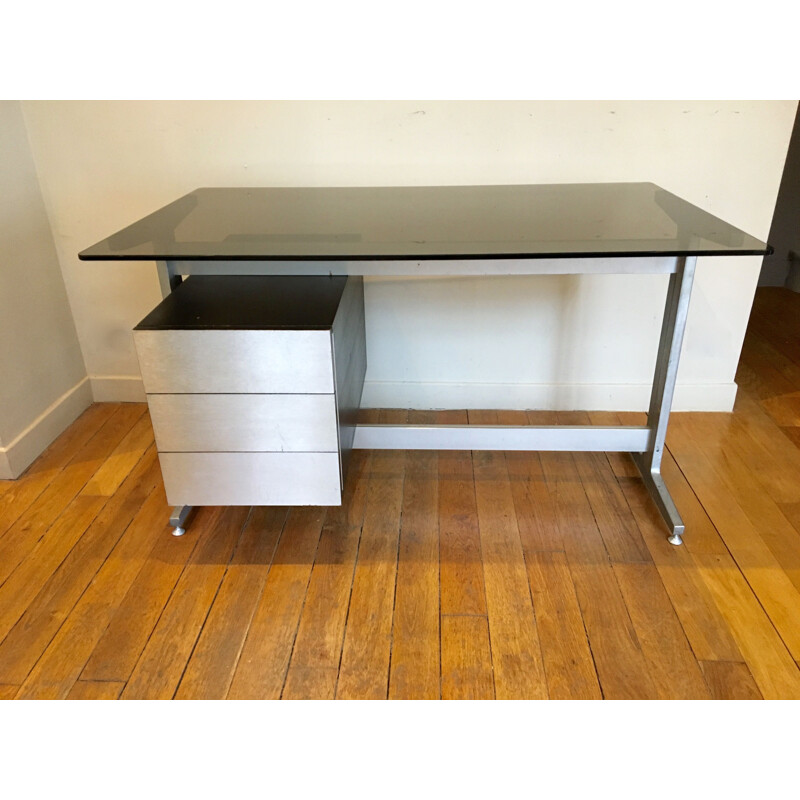 French vintage desk in glass and aluminium 1970