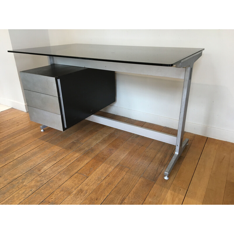 French vintage desk in glass and aluminium 1970