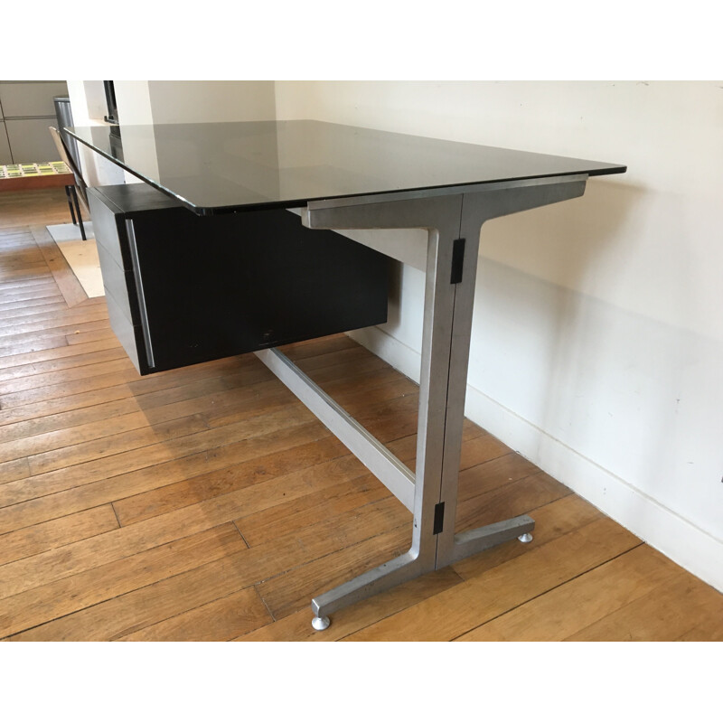 French vintage desk in glass and aluminium 1970