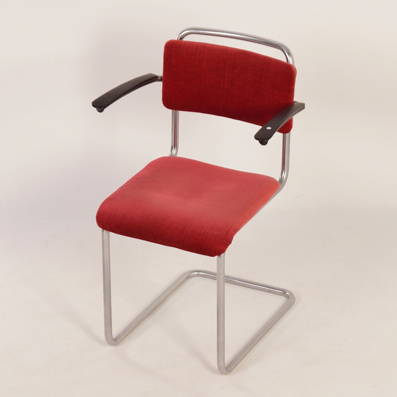 Vintage red chair 201 with Bakelite armrests by Gispen