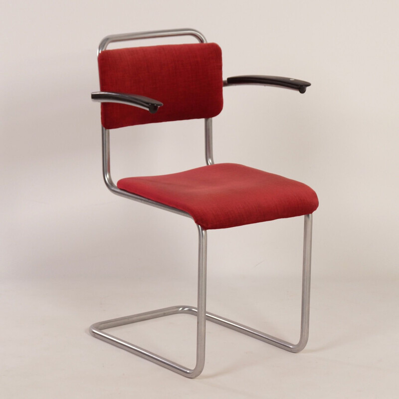 Vintage red chair 201 with Bakelite armrests by Gispen