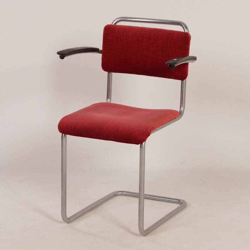 Chaise vintage rouge 201 avec accoudoirs en bakélite par Gispen