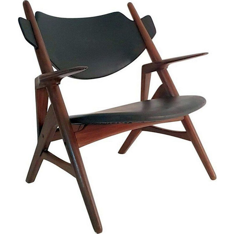 Vintage teak and leatherette chair by Hans Wegner