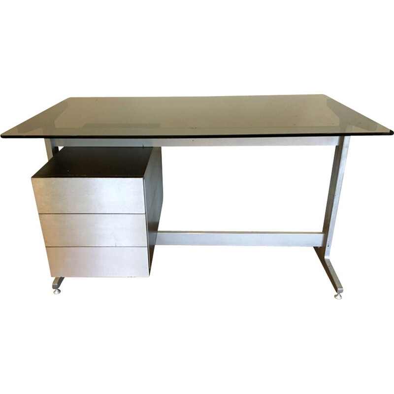 French vintage desk in glass and aluminium 1970