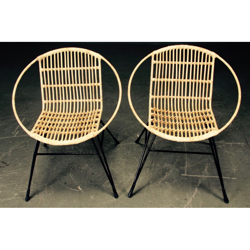 Set of 2 vintage French armchairs in metal and rattan