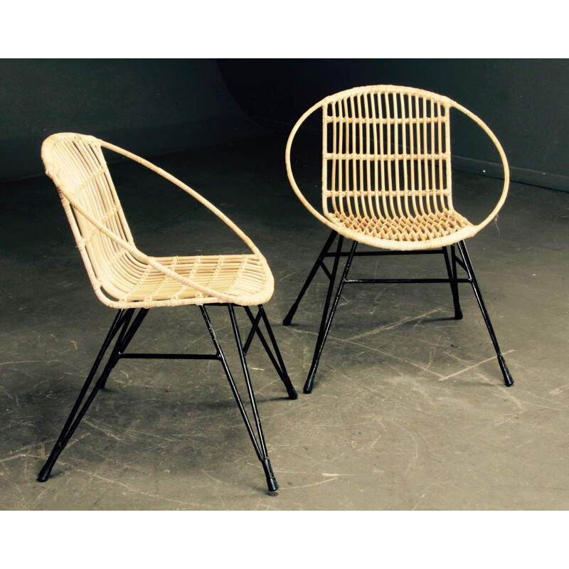 Set of 2 vintage French armchairs in metal and rattan