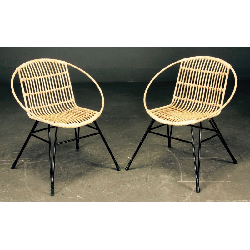 Set of 2 vintage French armchairs in metal and rattan