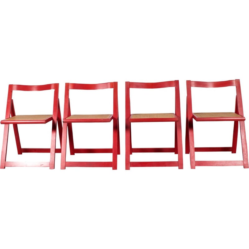 Set of 4 vintage red folding cane chairs 1980s