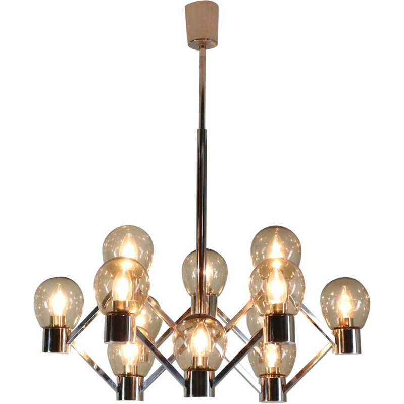 Vintage chrome and smoked glass geometric chandelier