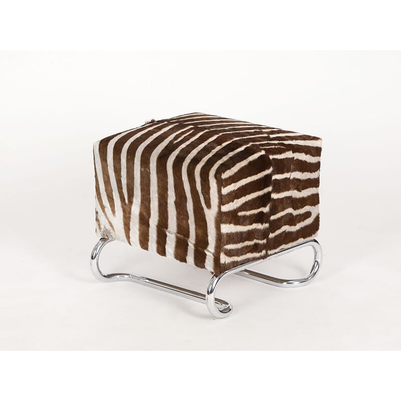 Vintage Czech stool in steel and zebra skin