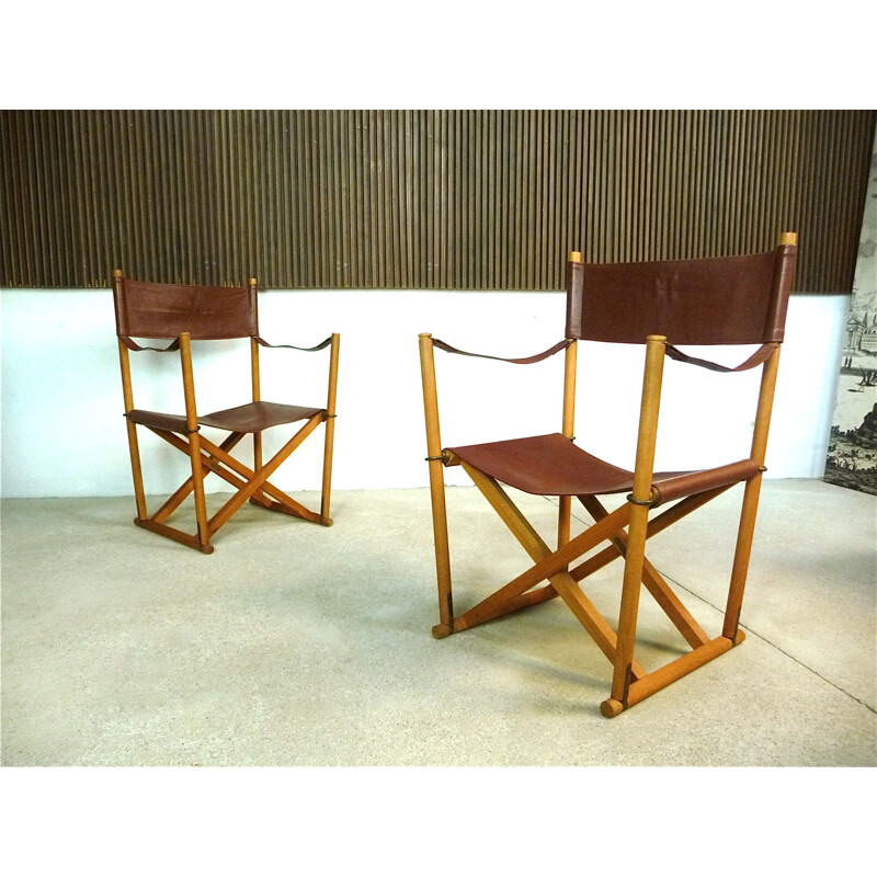 Set of 2 vintage folding chairs in cognac leather by Mogens Koch for Cado