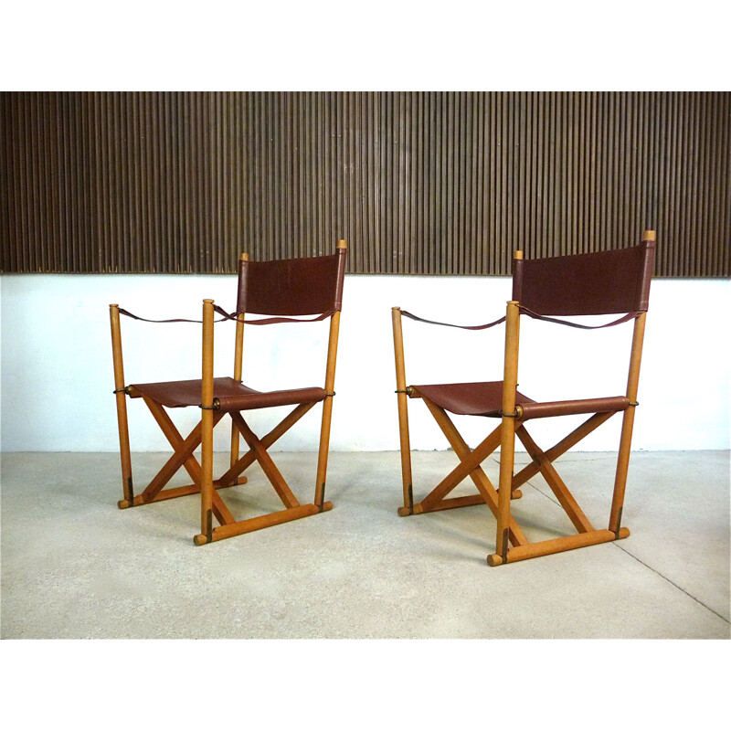 Set of 2 vintage folding chairs in cognac leather by Mogens Koch for Cado