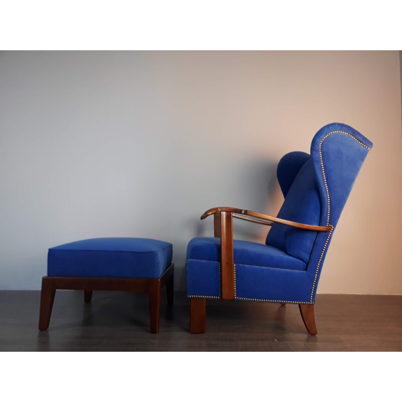 Vintage Danish armchair wing with ottoman by Fritz Hansen