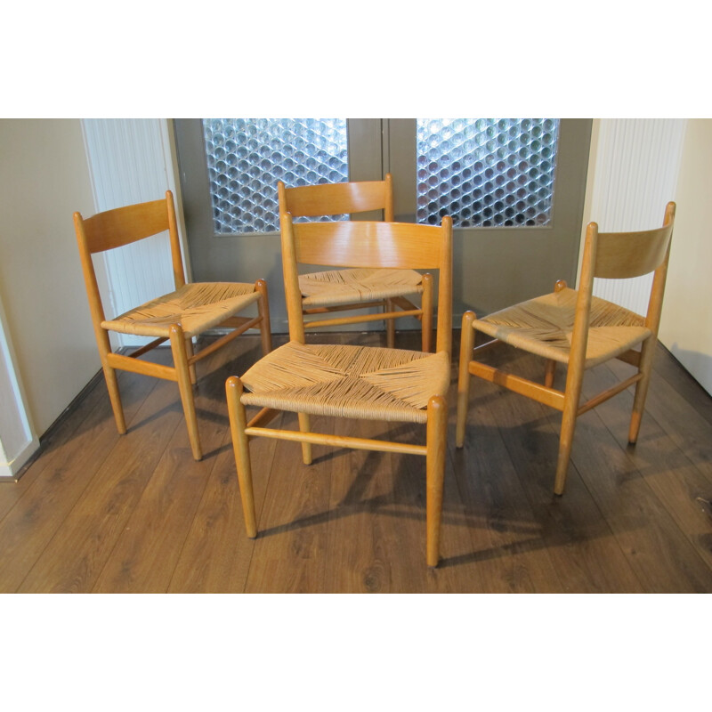 Set of 4 CH36 dining chairs in wood and woven rope, Hans WEGNER - 1960s