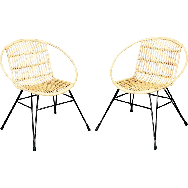 Set of 2 vintage French armchairs in metal and rattan