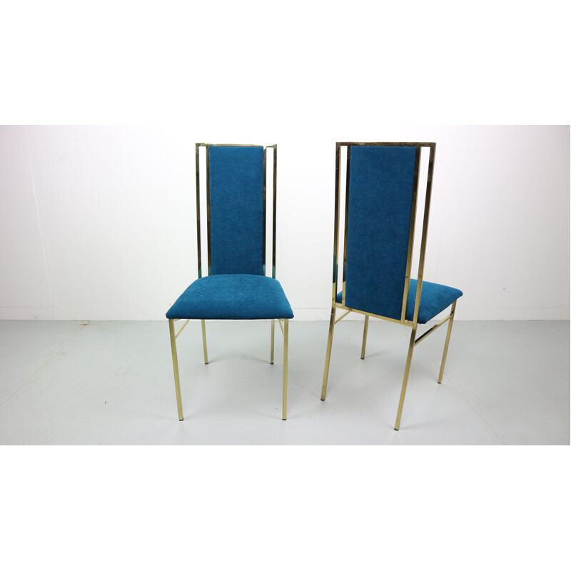 Suite de 2 chaises vintage bleues italiennes en laiton et velours par Romea Rega