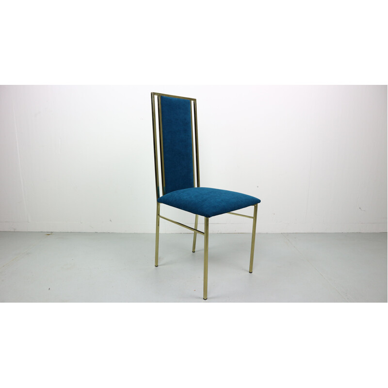 Set of 2 vintage Italian blue dining chairs in brass and velvet by Romea Rega