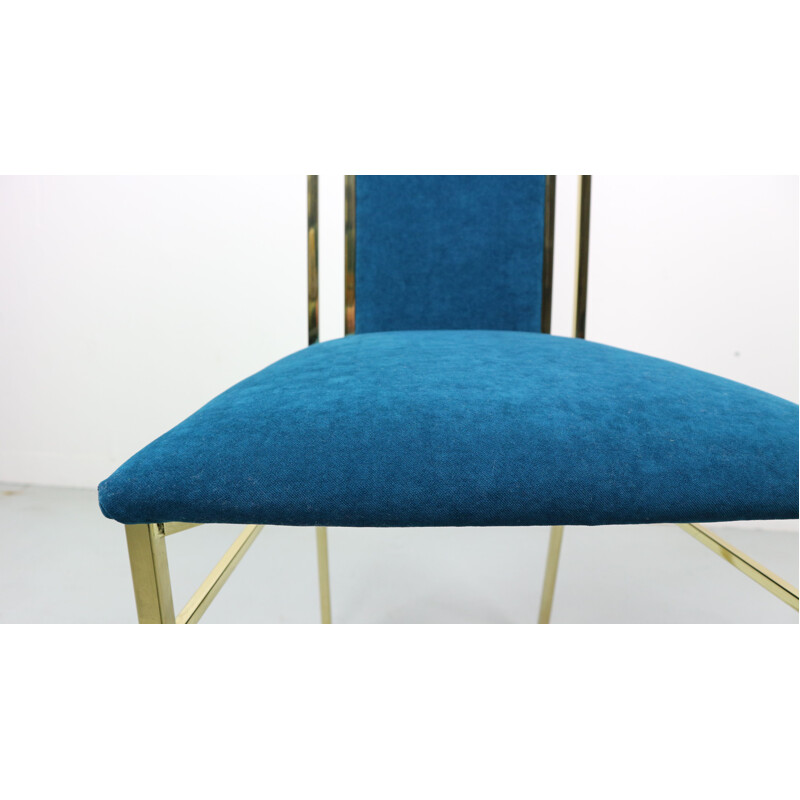 Set of 2 vintage Italian blue dining chairs in brass and velvet by Romea Rega