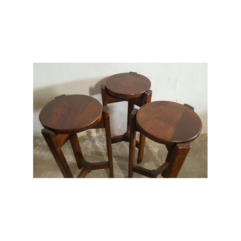 Set of 3 vintage tripod stools in beech wood