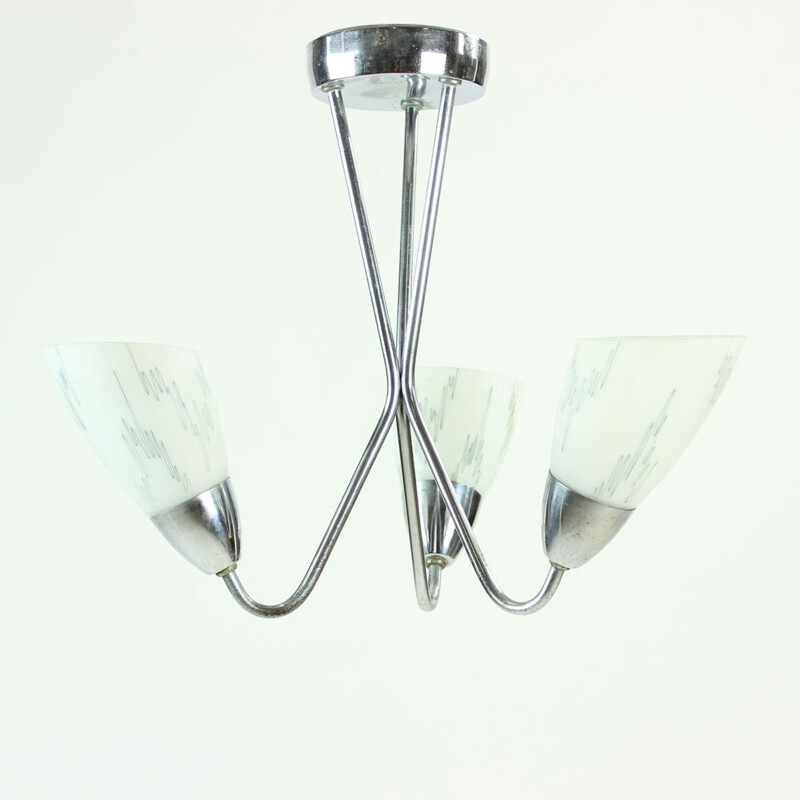 Vintage chrome and glass ceiling lamp, Czech 1960