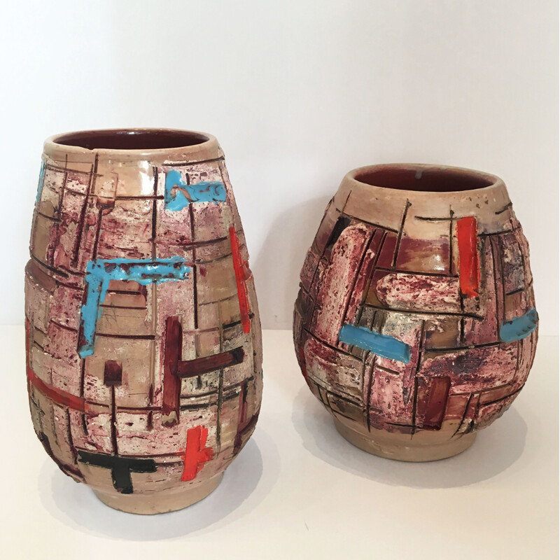 Paire de vases vintage en céramique par Marino Le Vaucour