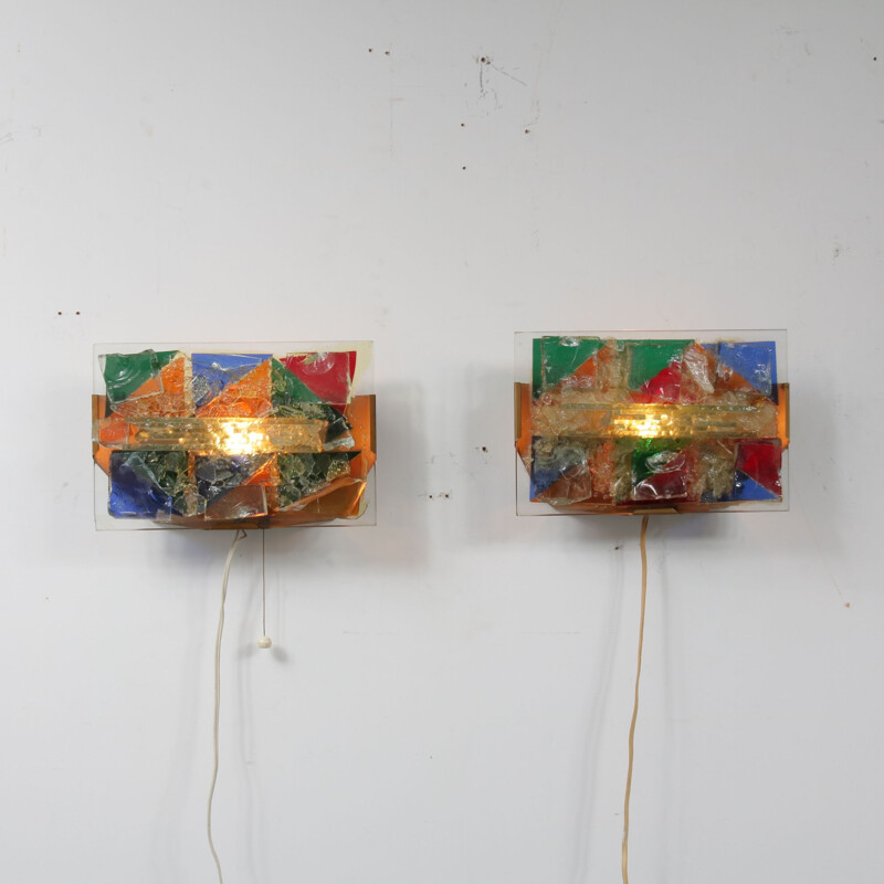 Set of 2 vintage wall lamps in coloured glass by Raak