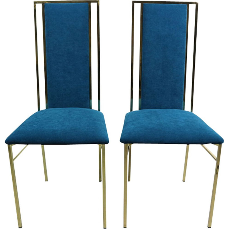 Set of 2 vintage Italian blue dining chairs in brass and velvet by Romea Rega