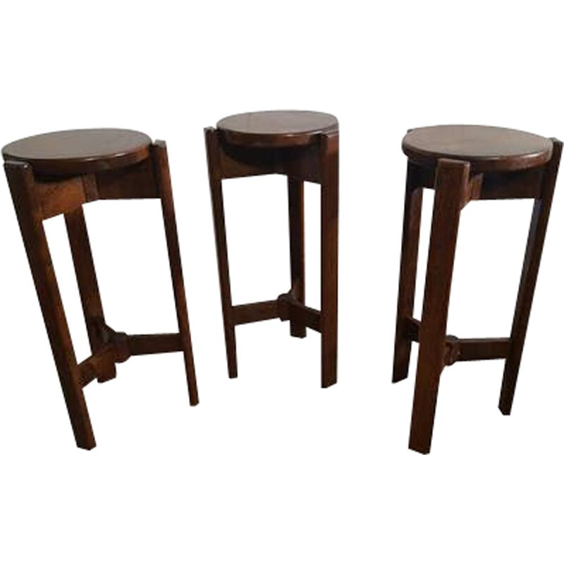 Set of 3 vintage tripod stools in beech wood