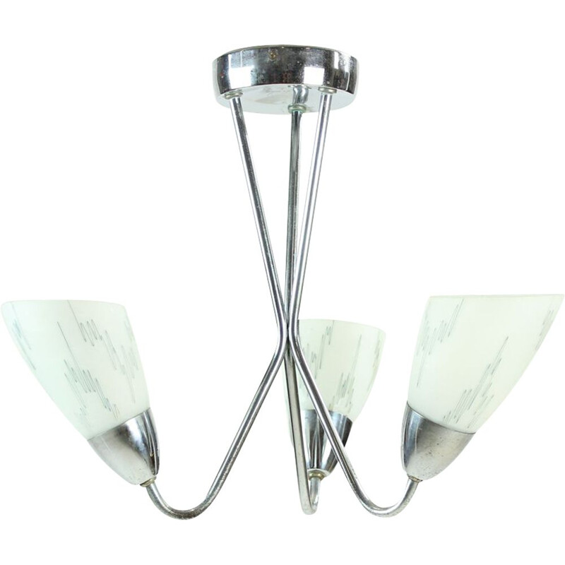 Vintage chrome and glass ceiling lamp, Czech 1960