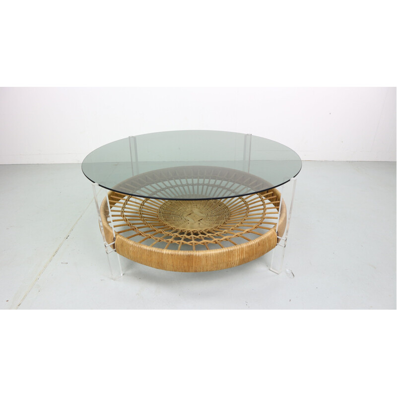 Vintage Italian coffee table with magazine rack in rattan and smoked glass