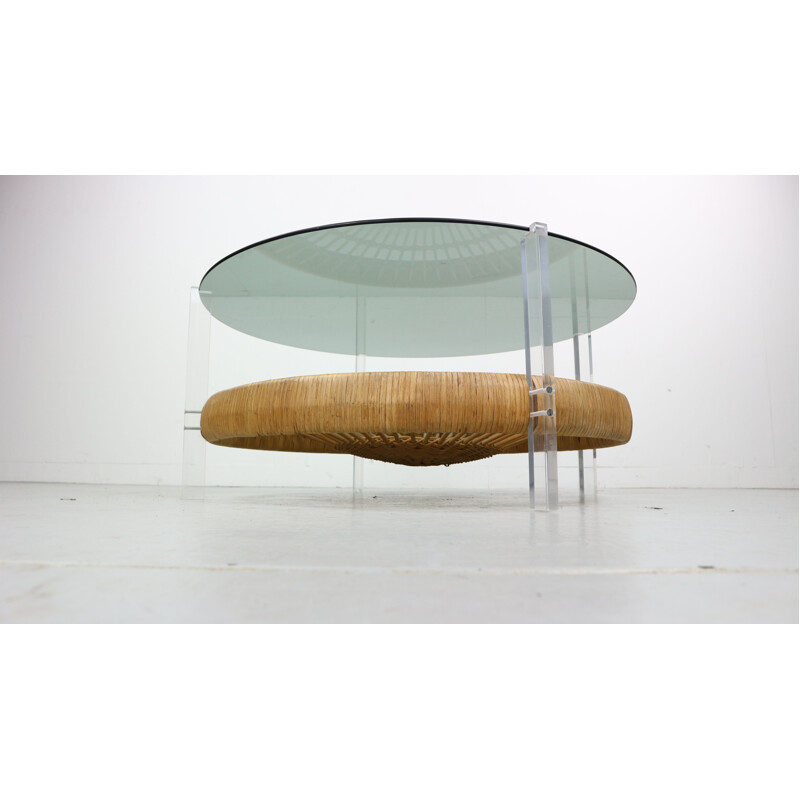 Vintage Italian coffee table with magazine rack in rattan and smoked glass