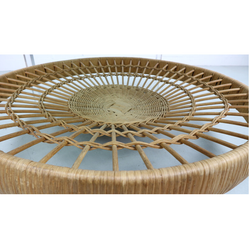 Vintage Italian coffee table with magazine rack in rattan and smoked glass