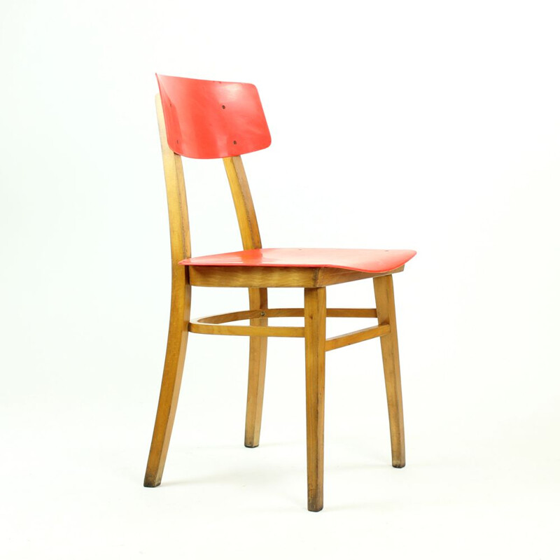 Chaise rouge vintage en hêtre et plastique