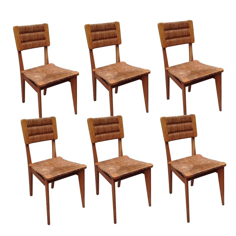 6 vintage chairs in straw, Marcel GASCOIN - 1950s 