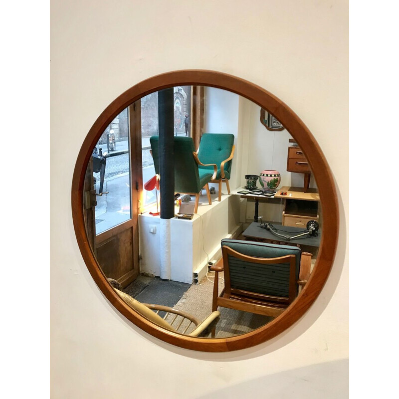 Vintage round mirror in teak