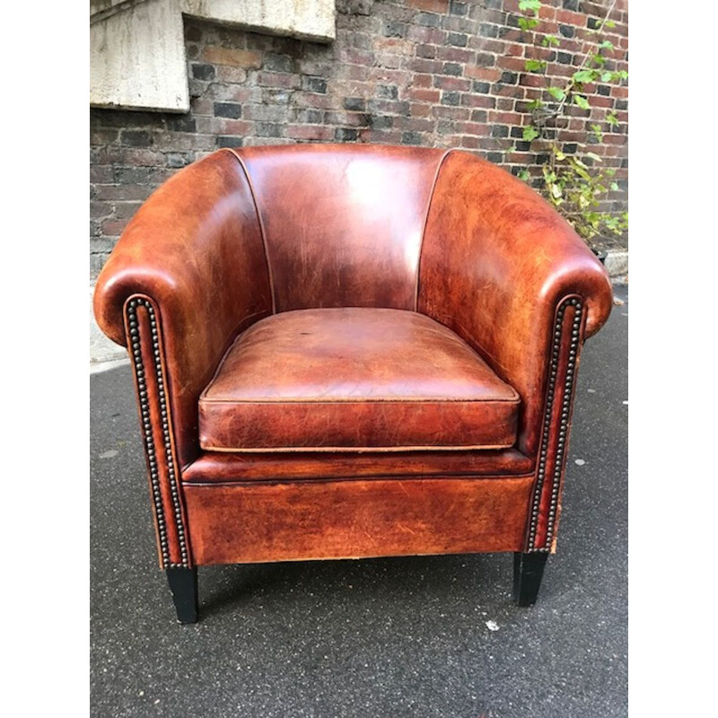 Fauteuil Club vintage en cuir marron