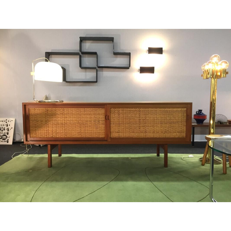 Vintage sideboard in teak and rattan by Hans Wegner for Ry furniture