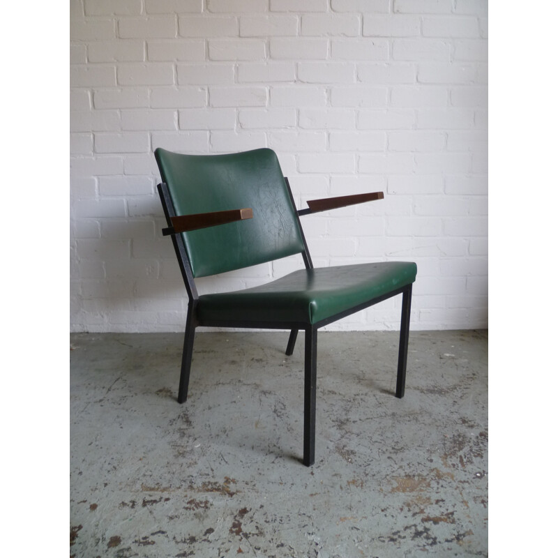 Vintage armchair in green leatherette, steel and wood, W.H. GISPEN - 1960s