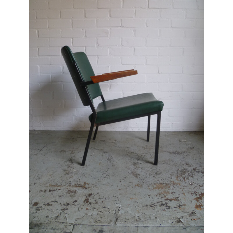 Vintage armchair in green leatherette, steel and wood, W.H. GISPEN - 1960s