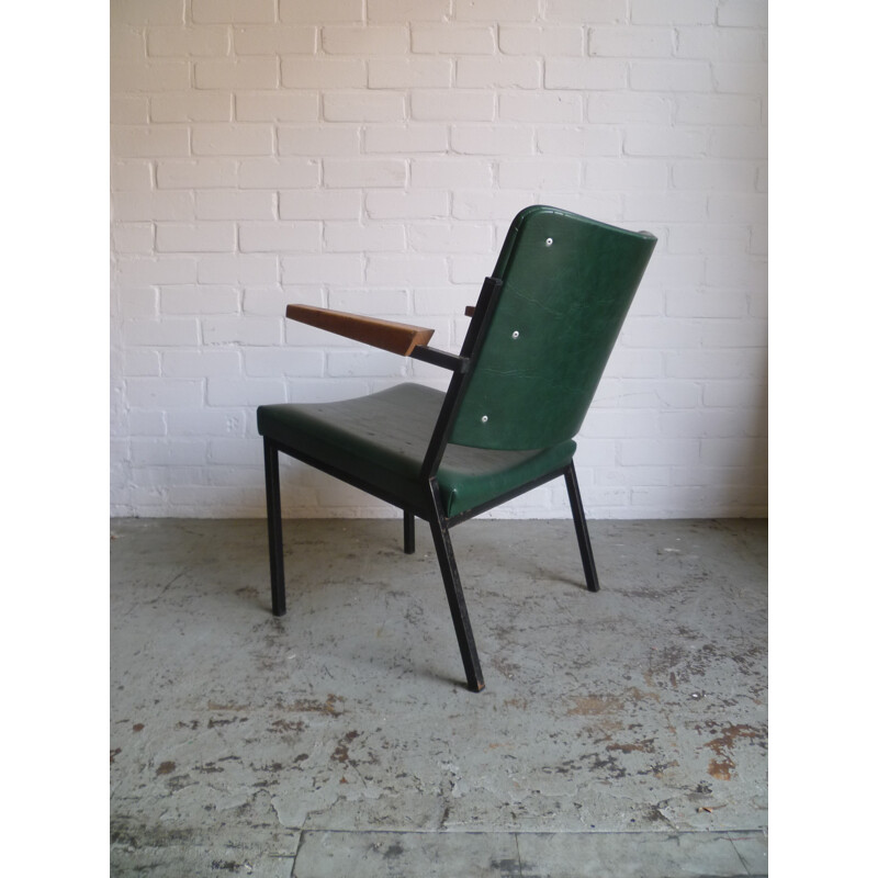 Vintage armchair in green leatherette, steel and wood, W.H. GISPEN - 1960s