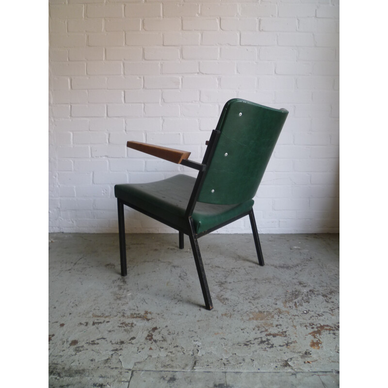 Fauteuil vintage en simili cuir vert, acier et bois, W.H GISPEN - 1960