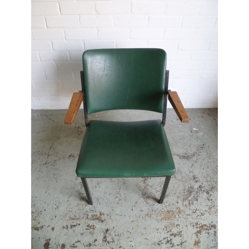 Vintage armchair in green leatherette, steel and wood, W.H. GISPEN - 1960s