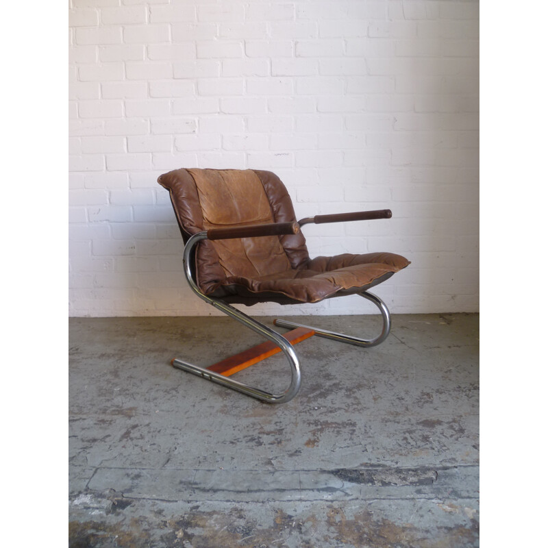 Steel vintage armchair, leather and wood - 1960s